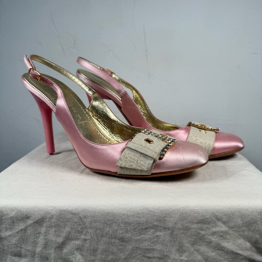 Casadei Baby Pink Satin Rhinestone Bling Buckle Detail Slingback Heels Size 6B